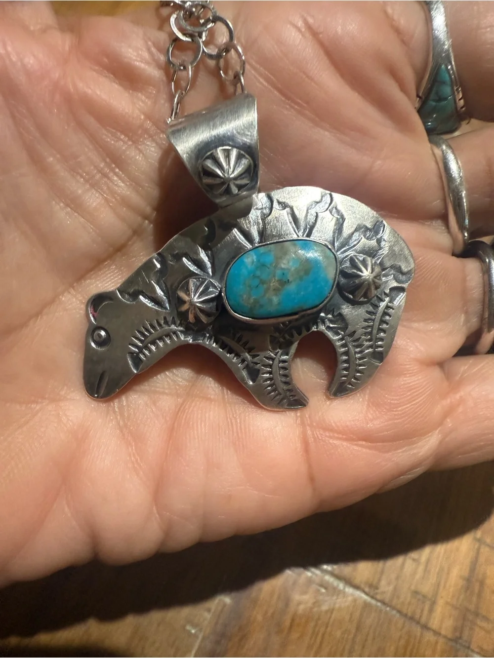 Sterling Silver Spirit Bear Pendant Necklace with Blue Turquoise -signed